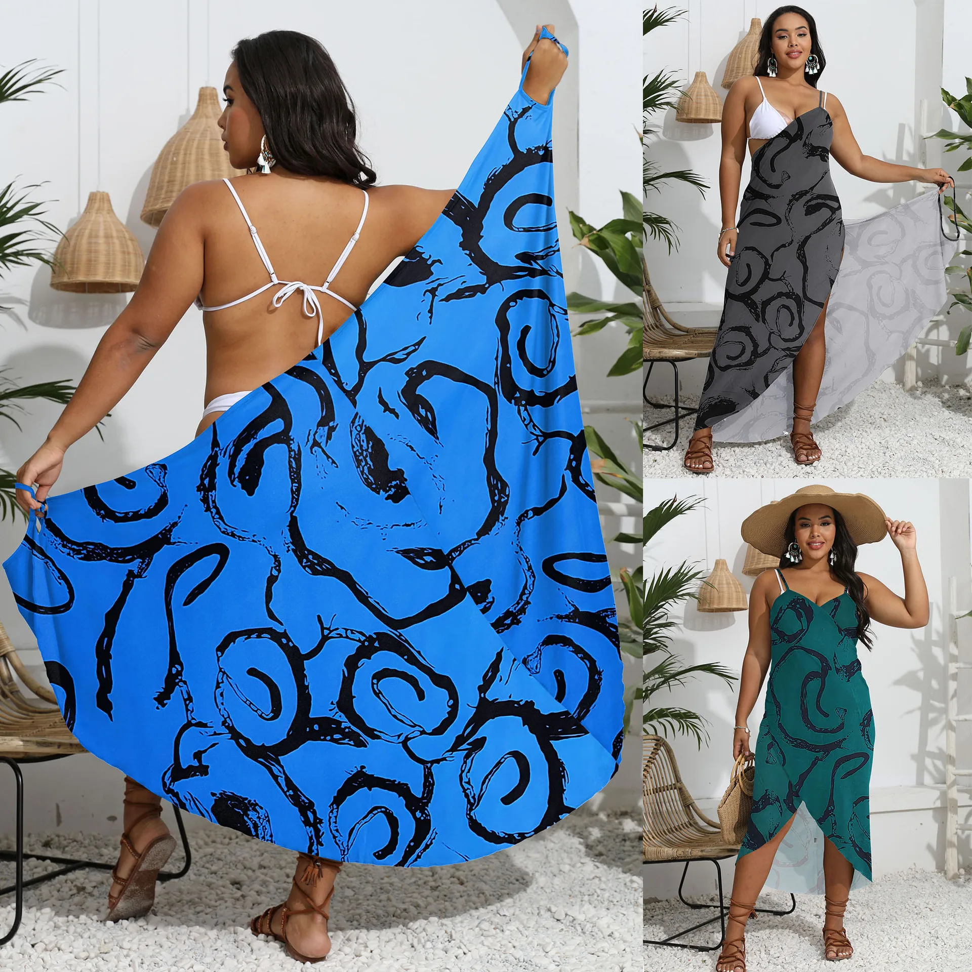 Saida De Praia Feminino 2024 Summer Woman Dress Swim Cover Up For Large Print One Piece Shawl Versatile Beach Irregular