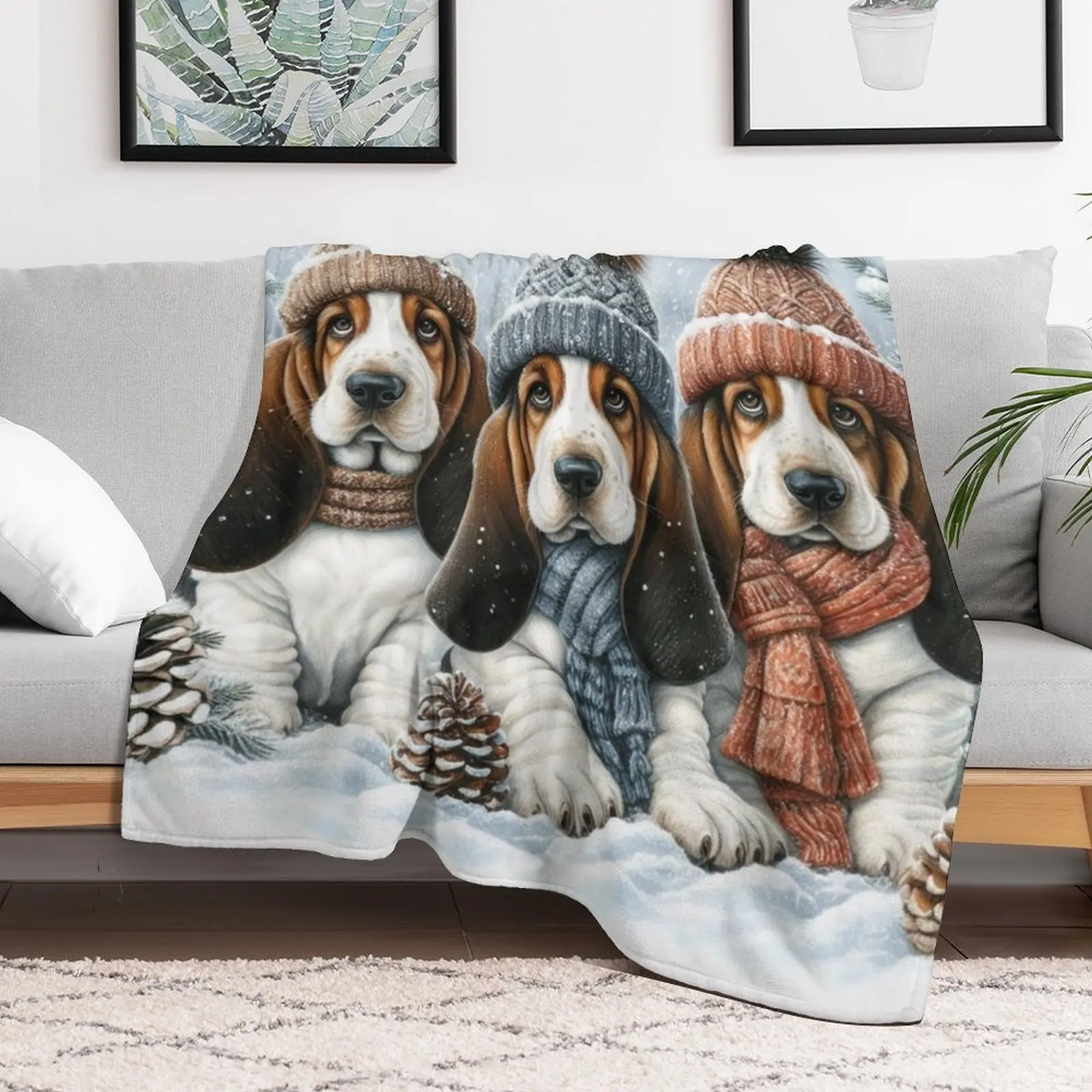 Basset Hound Puppies in Winter Hats and Scarves Throw Blanket Cozy Throw Blanket for Bed Sofa Chair