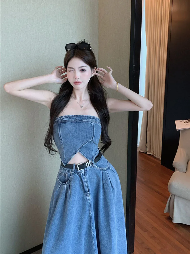 Sexy Two Piece Set 2024 Summer Femme Slim Fit Short Suspended Tank Top Camis High Waist Large Swing Skirt Denim Sets