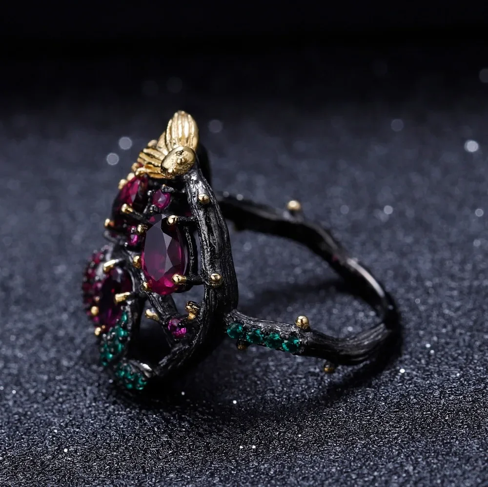 GEM\'S BALLET Natural Rhodolite Garnet Gemstone Ring 925 Sterling Silver Handmade Gold Bee on Branch Rings for Women Fine Jewelry