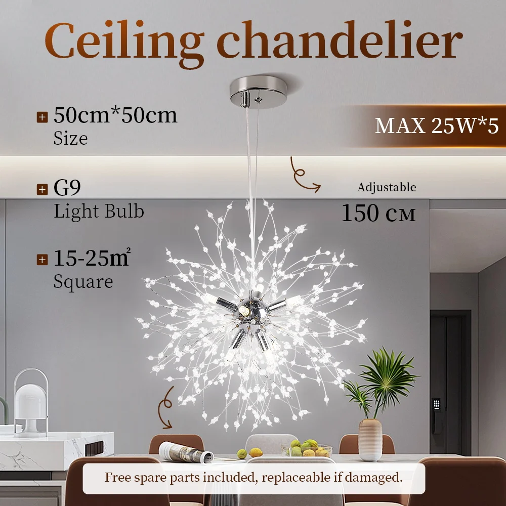 Dandelion Crystal Ceiling Light Replaceble G9 Bulb LED Pendant Lights for Restaurant Bedroom Starry Firebal Fixture Ceiling Lamp