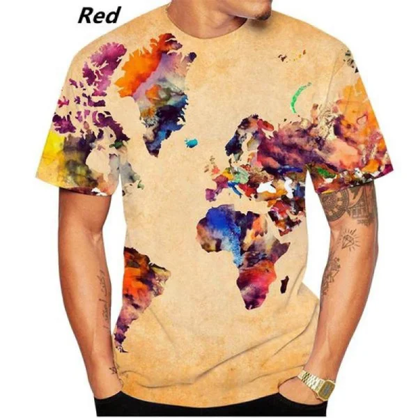 2023 World Map 3D Print T-Shirt Men\'s/Women\'s Casual Short Sleeve Round Collar T-shirt Street Personality Tees