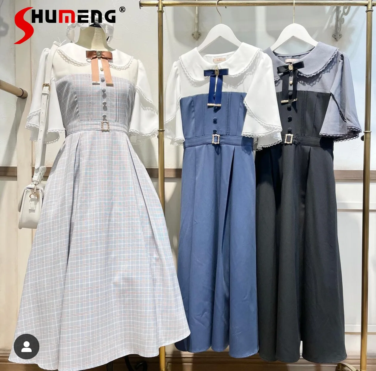 

2026 Spring Japanese Mass Production Style Elegant Sweet Doll Collar Bow Tie Short Sleeve High Waist A-line Long Dress for Women