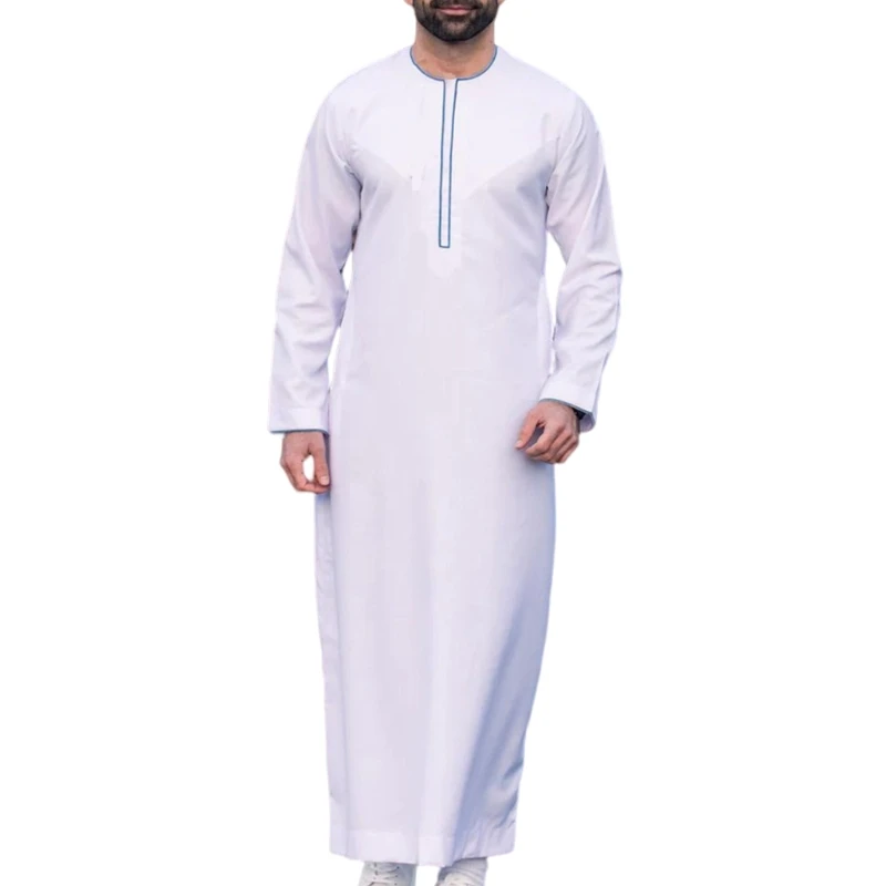 Jubah pakaian Muslim pria longgar kerah Crew Arab Tengah tahan lama Kaftan Muslim Thobe Dubai gaun lengan panjang pakaian etnik 41QC