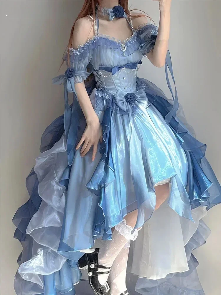 Blue Lolita Dress Heavy Industry Trailing Umbrella Princess Dress for Women Off-the-Shoulder Sweet Bow Irregular Dress