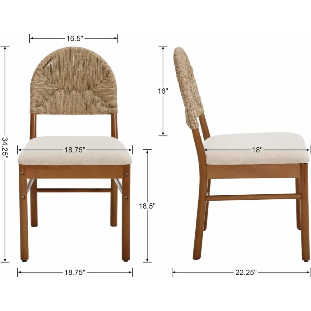 Dining Chair Set of 4 with Natural Weave Seagrass Backrest, Armless Wooden Side Chairs, Farmhouse Linen Boho Cane Dining Chair