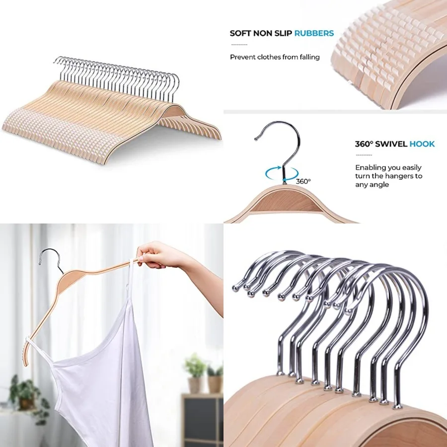 

Lightweight Non Slip Wooden Hangers - Heavy Duty Wood Coat Hangers with Soft Stripes for Camisole, Jacket, Dress Clothes, Sweat