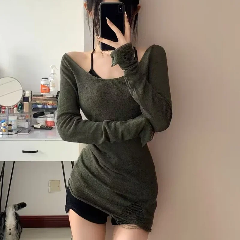 Deeptown Y2k Vintage Green Sweater Women Kpop Gyaru Knitted Jumper Korean Fashion Slim Sexy Knitwear Distressed Grunge Pullover