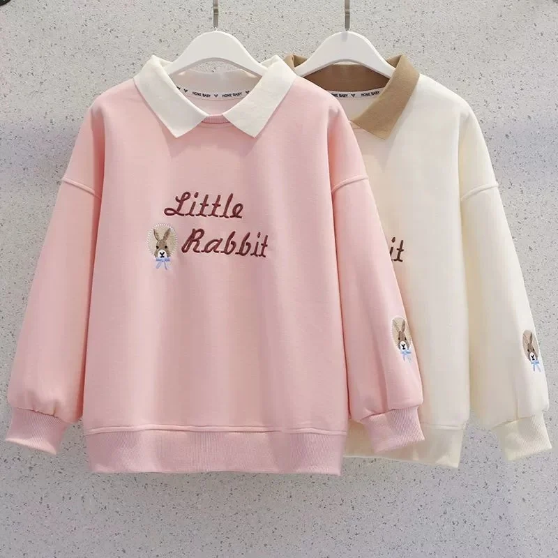 

2026 Girls Embroidered Sweatirt Loose Long Sve Ne Comfortable Spring New Sle Korean Sle Cotton Fabric Warmth