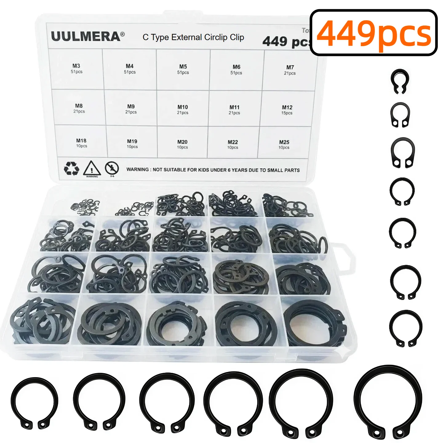 Juego de 285/392/449 Piezas de Anillos de Retención Externos de Acero Aleado Negro M3-M25, Anillos de Seguridad para Ejes y Rodamientos