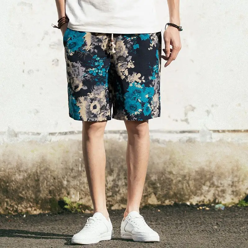 Shorts de namorado vintage japonês, bolso elástico com impressão com cordão confortável, casual e solto, verão 2024