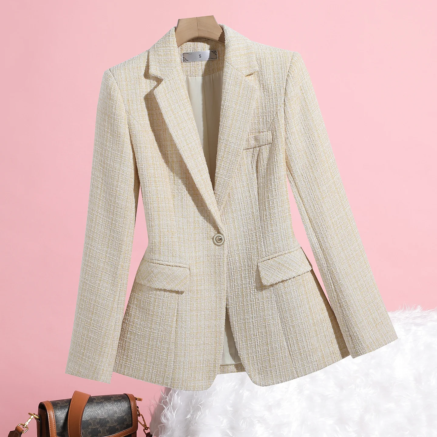 

2026Autumn Winter Women Blazer Ladies Jacket Pink Female Slim Long Sleeve Single Button Suit Outwear Coat Small Fragrance Jacket