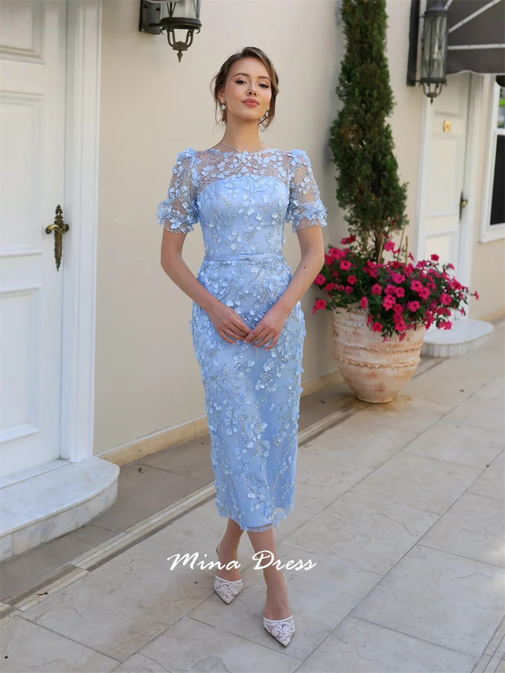 Mina Pleated 3D Decals Prom Dresses Luxury Party Dress Beads Luxurious Women's Evening Dresses Women Elegant Short Sleeve Woman