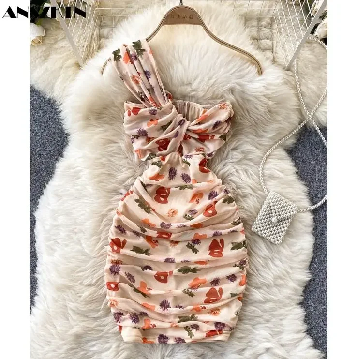 Yaz Kadın Giyim Seksi Kapalı Omuz Örgü Slim Fit Ruffles Çiçek Baskılı Rahat Balayı Parti Elbiseler