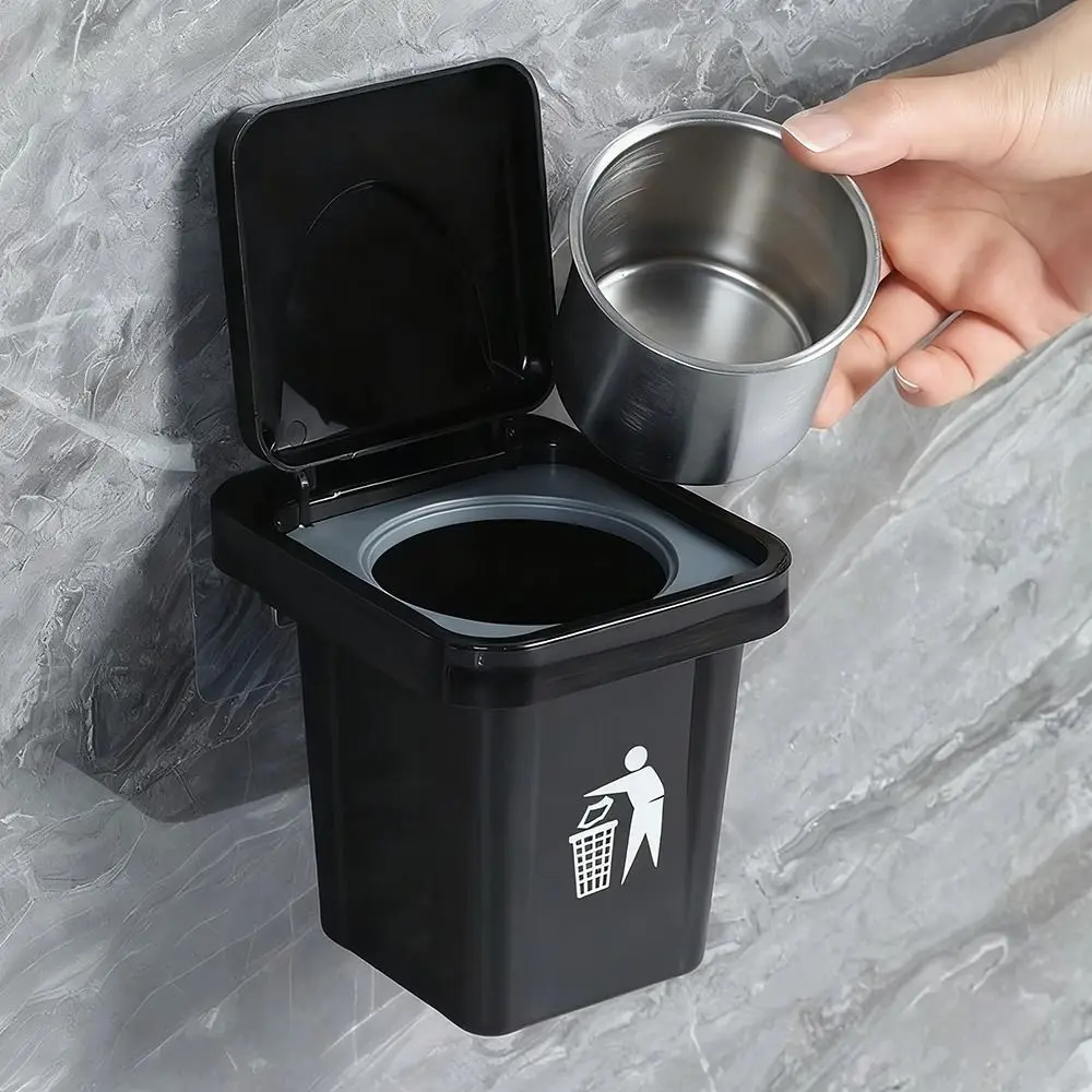 New Wall Hanging Trash Can Stainless Steel Punch-free Garbage Bin With Lid Wall Mounted Dustbin Bathroom Living Room