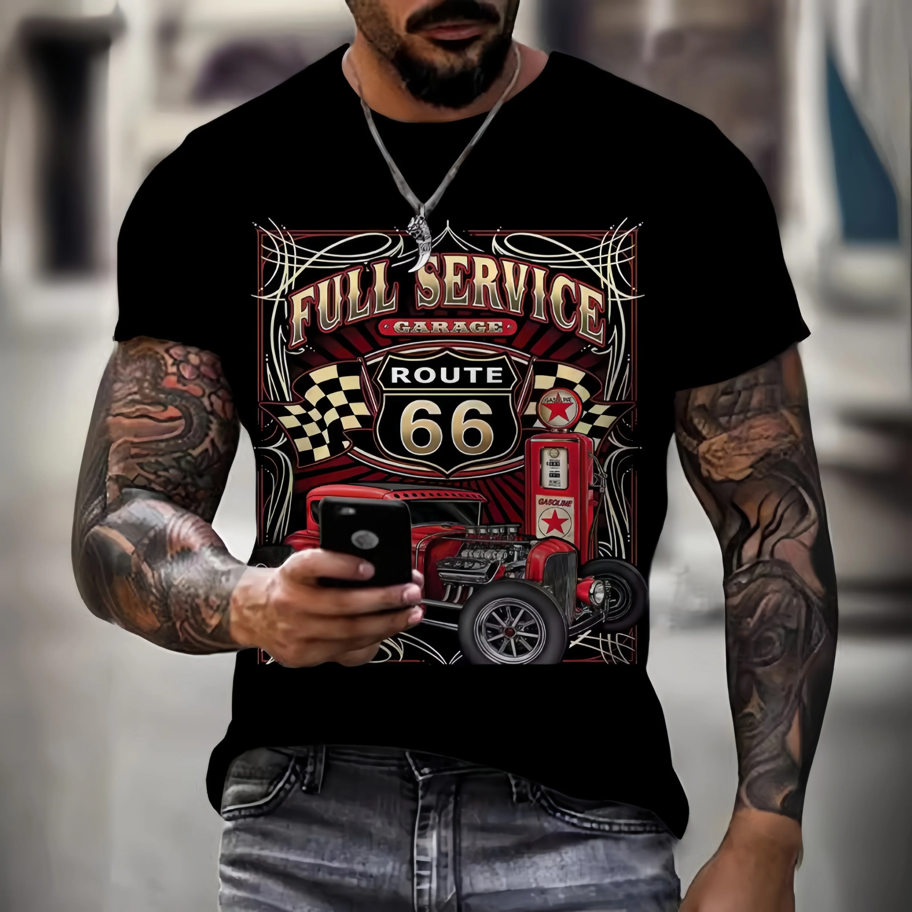 Summer Men's USA Route 66 T-shirt Men's Punk Style Short Sleeve T-shirt Man O-neck Racing Car Tshirt Mens Camiseta