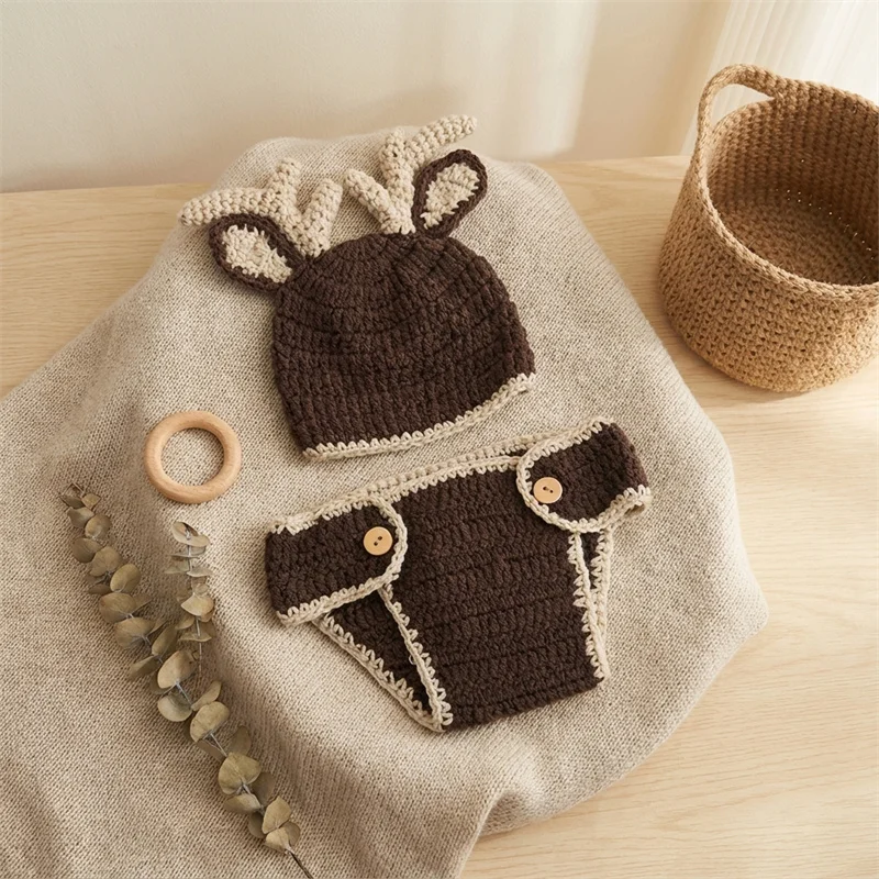 

Реквизит для фотосъемки новорожденных, вязаная шапка с оленем, набор чехлов для подгузников, костюм детского животного, наряд для фотосессии, наряд для маленьких мальчиков и девочек с оленями