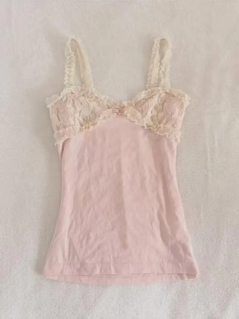 2000s American Vintage Sexy Camis Y2k Harajuku Hot Girl Slim Lace Patchwork Tanks Summer Streetwear Beach Party Sleeveless Tops