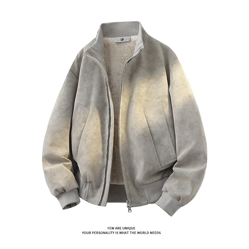 Unisex Brown Vintage Suede Bomber Jacket Fleece Lined Thickened Stand Collar Full Zip Loose Warm Winter Streetwear Outer Coat