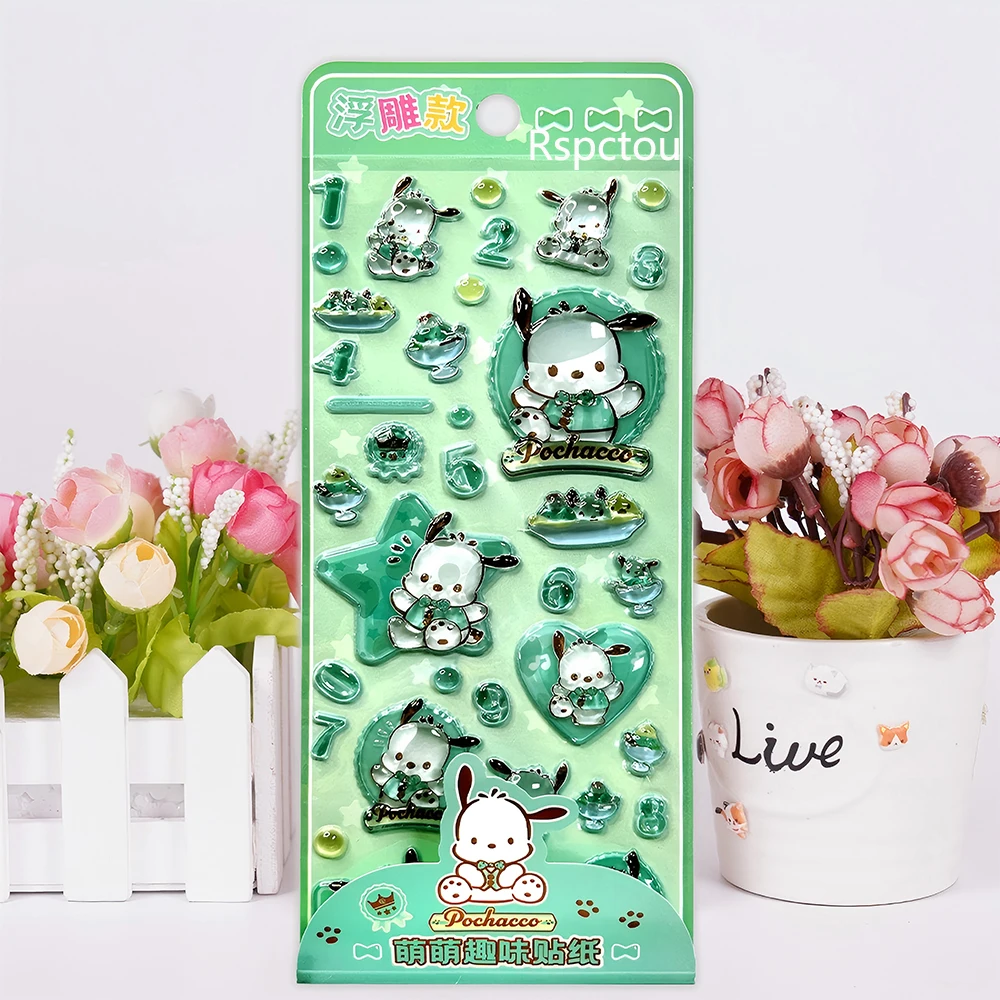 4pcs Cute Sanrio 3D Crystal Stickers Aesthetic Cartoon Decoration Decals Pochacco Cinnamoroll My Melody Kuromi Relief Sticker image 6