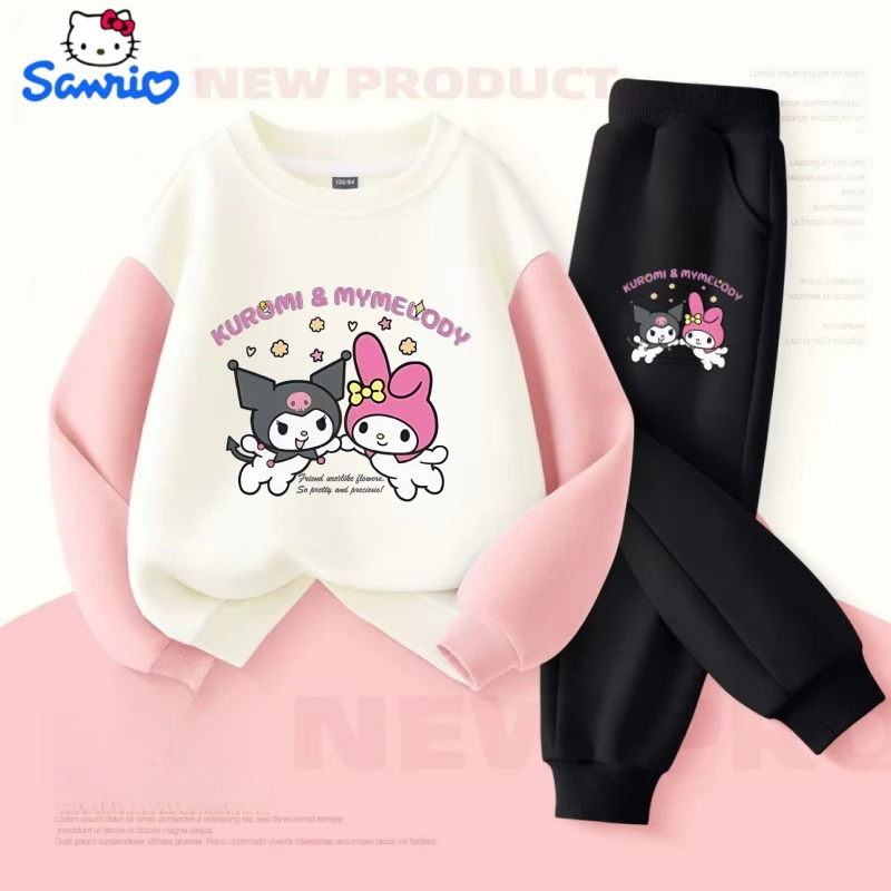 

Осенний комплект одежды Sanrio для маленьких девочек, толстовки с принтом Kid My Melody, пуловер, топ и штаны, детский лоскутный спортивный костюм из 2 предметов