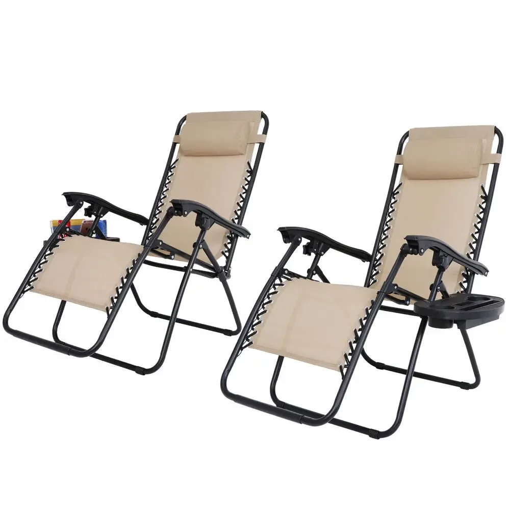 Set of 2 Zero Gravity Lounge Chair Recliners for Patio Pool w/Cup Holders Beige