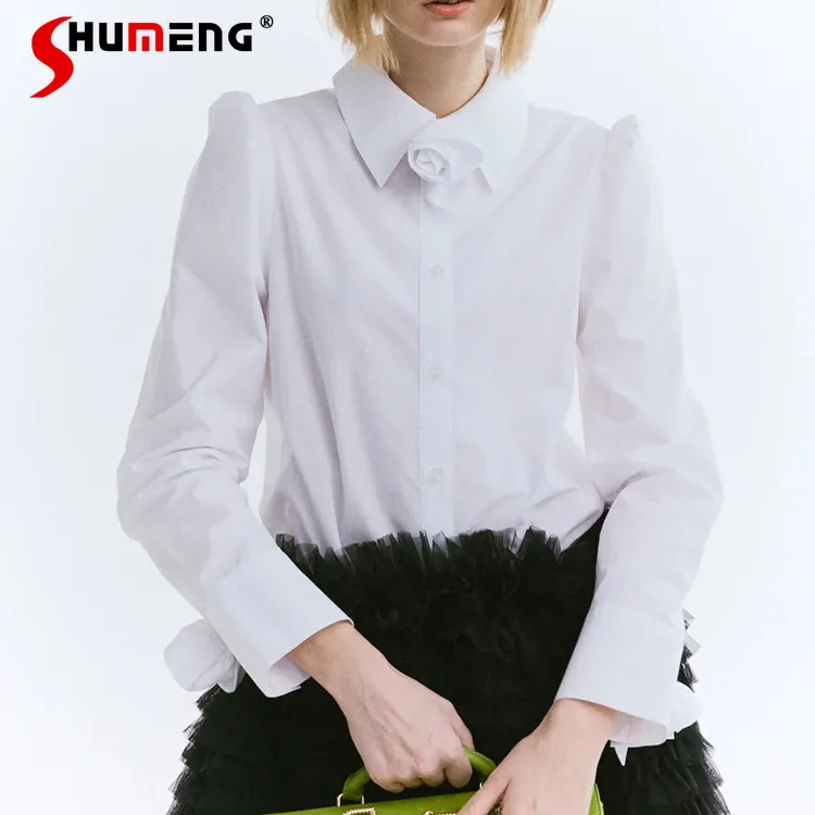 

Women's White Long Sleeve Shirts Japanese Style New Ladies Three-dimensional Rose Sweet Fashion Casual Versatile Blouses Tops