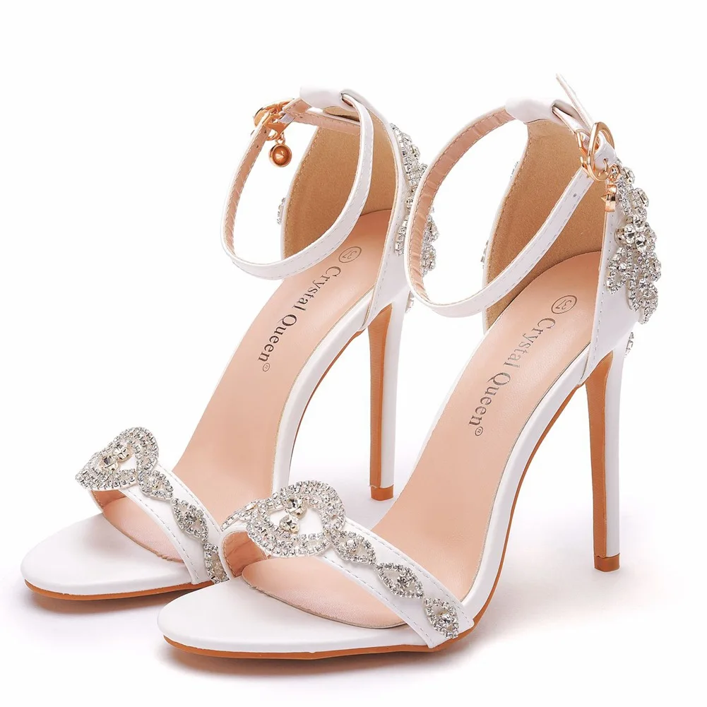 Sandalias de tacón alto con punta abierta para mujer, zapatos de tacón alto con hebilla y correa para novia, fiesta de lujo, diamante, blanco, boda, Verano