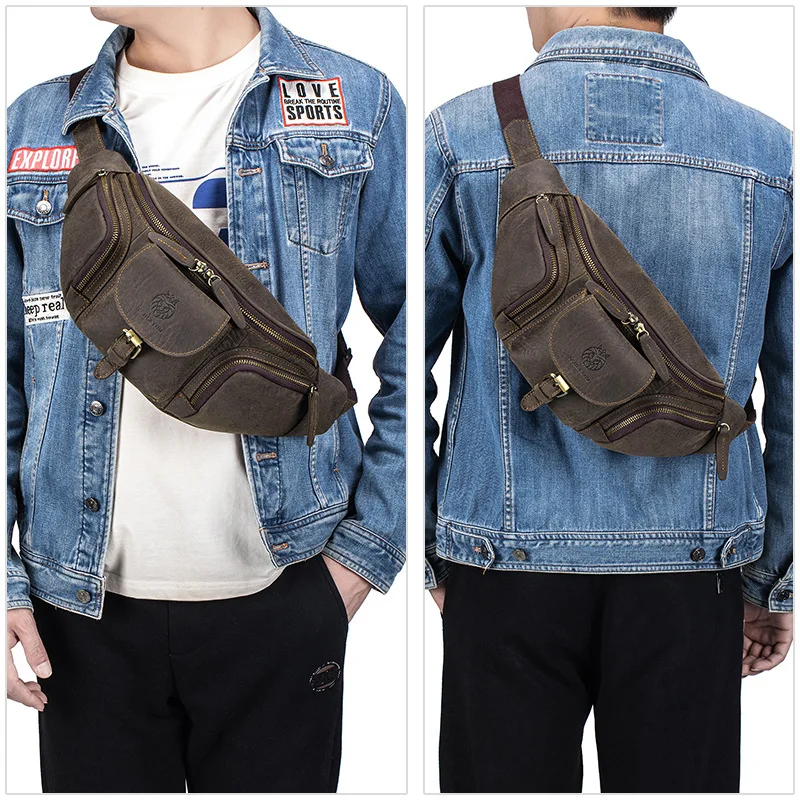 

Head layer cowhide chest bag retro multi-function motorcycle satchel leather leisure large capacity chest bag waist bag