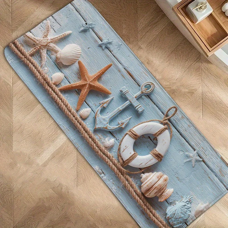 Coastal Beach Themed Long Bath Runner Mat Anti Slip Water Absorbent Rug Starfish Shell Anchor Decor Carpet for Entrance Laundry
