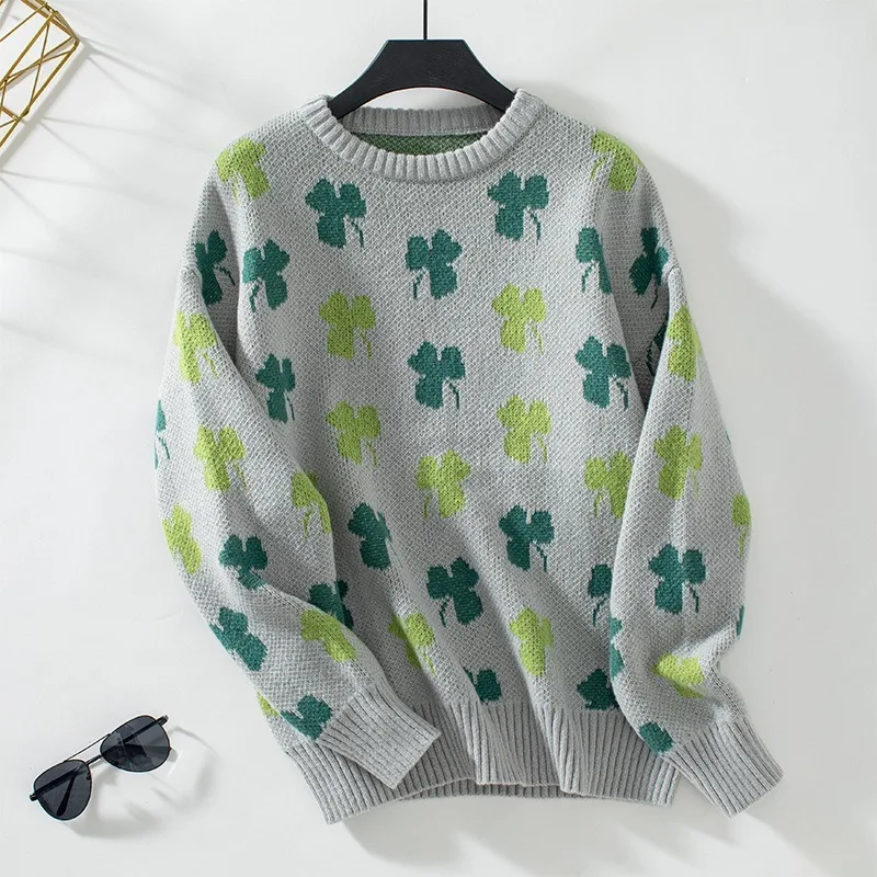 Casual Loose Elegant Clover Jacquard Knit Pullover Sweater Autumn/Winter Women's Pullovers 2024 New O-neck Long sleeve Knitwear