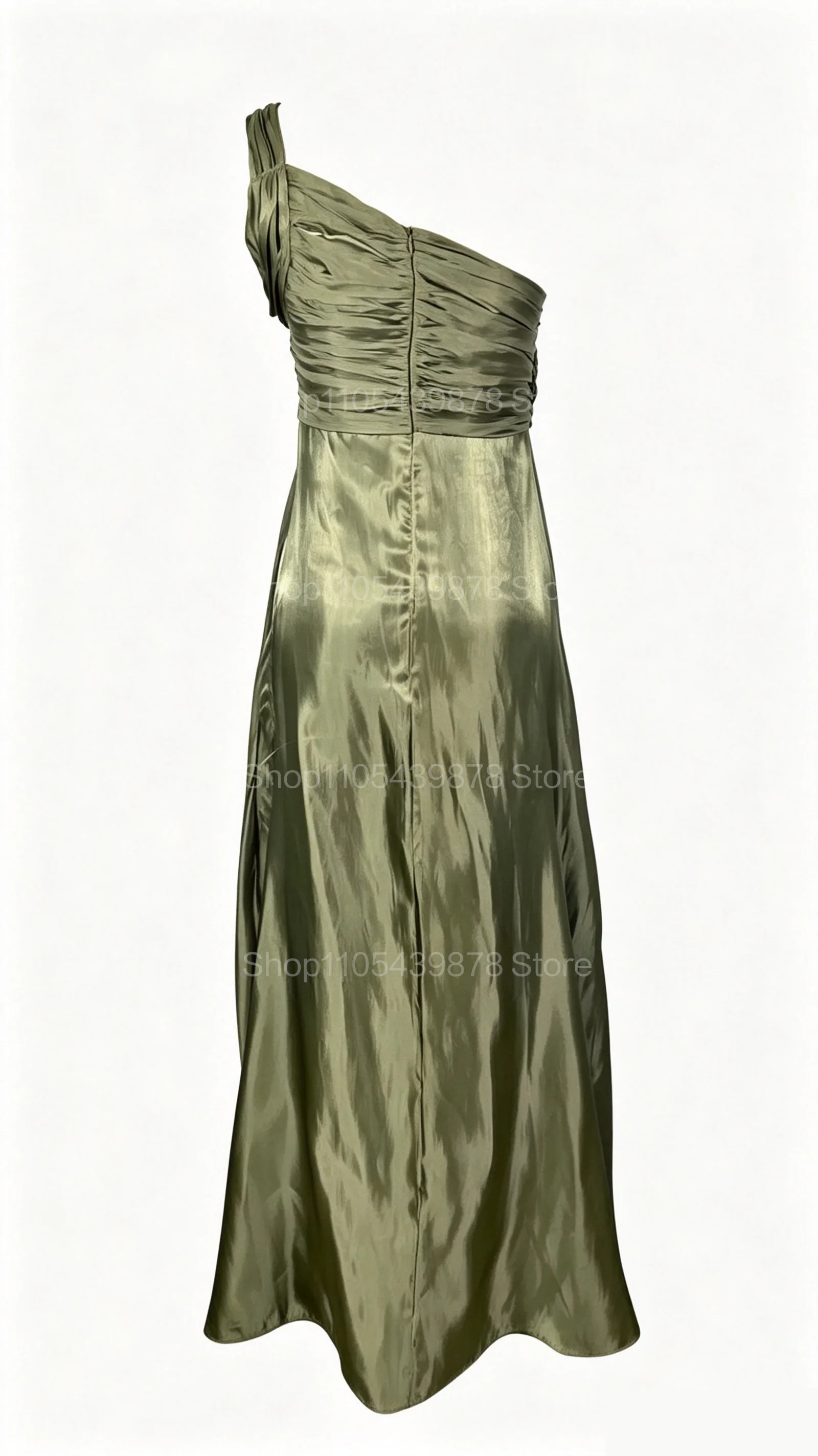 Vestido de Noche Elegante Verde Oliva para Mujer, de un Solo Hombro, con Cintura Fruncida, Abertura Lateral, Cola de Satén, Estilo Dubái, para Boda, Fiesta de Graduación, Formal, Maxi Vestido
