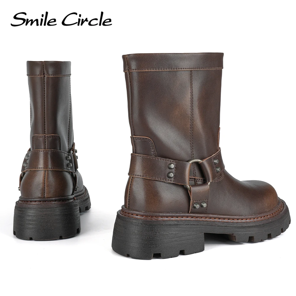 Smile Circle Women\'s Boots Genuine Leather Retro Chunky Boots