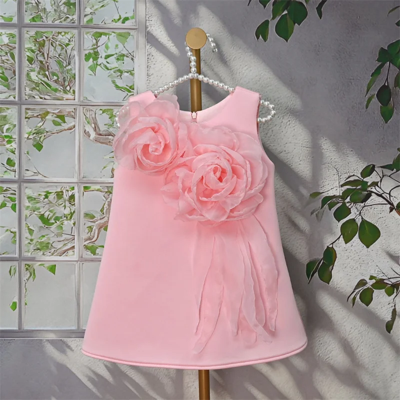 

Baby Kids Princess Satin Flowers Pearls Flower Girl Dress Children First Communion Dress Ball Gown Wedding Party Dress Birthday