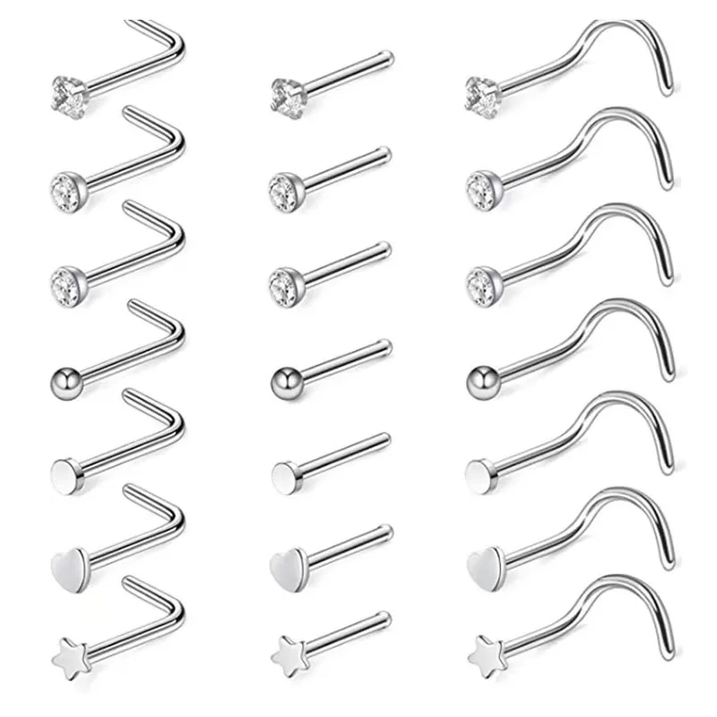 21pcs 20G Stainless Steel Nose Rings Hoops Studs Flower Heart Diamond Nostril Nose Piercing Jewelry Nose Screw Studs Rings