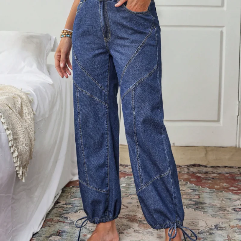 

Women's Parachute Jeans, High Waist Baggy Cargo Denim Pants, Casual Streetwear Loose Fit Drawstring Hem Jeans with Pockets