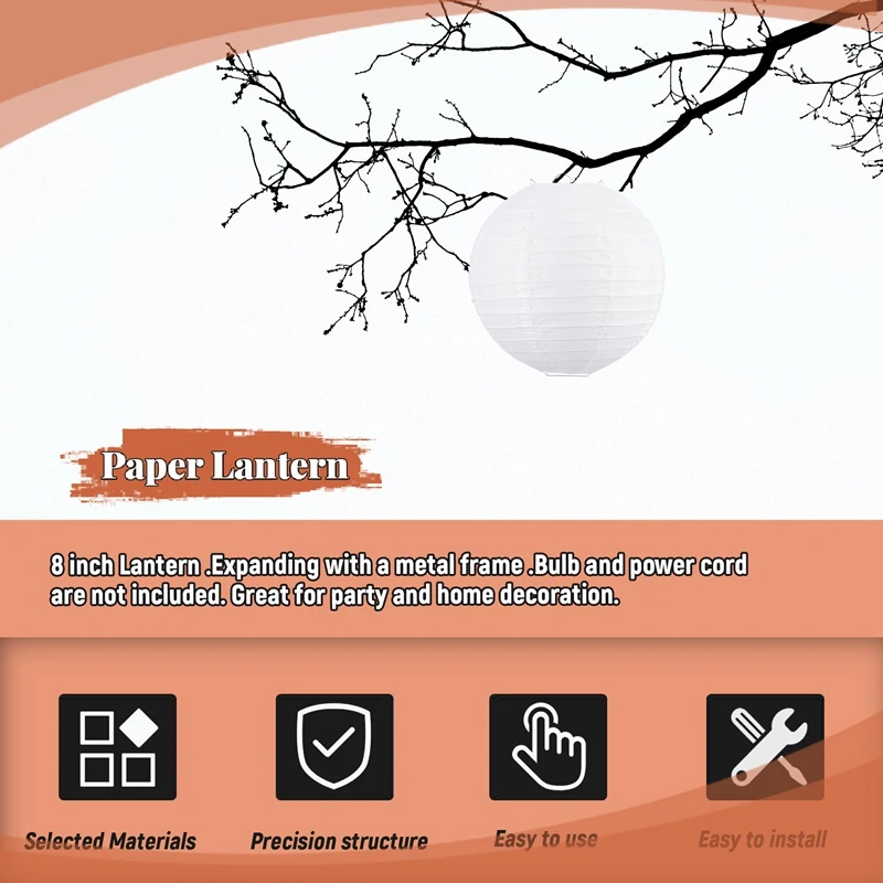 AD23-Linterna/lámpara de papel china/japonés blanca de 8" de diámetro