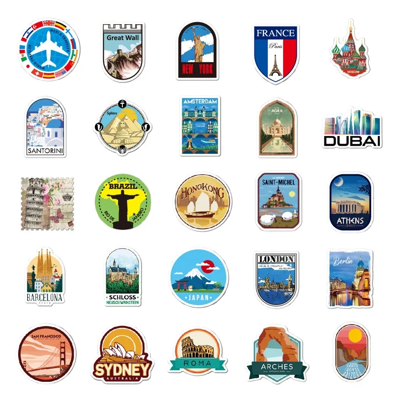 100PCS Mix World Famous Building Travel landmark Stickers Aesthetic Graffiti DIY Phone Suitcase Guitar Decal Kids Toys Stickers