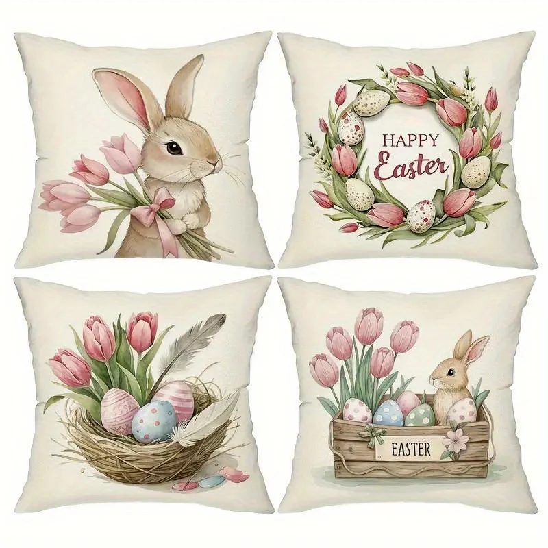 4 Pack Spring Bunny Cushion Covers 45x45cm Watercolor Tulips Eggs & Nest Design for Living Room Nursery Decor Zipper