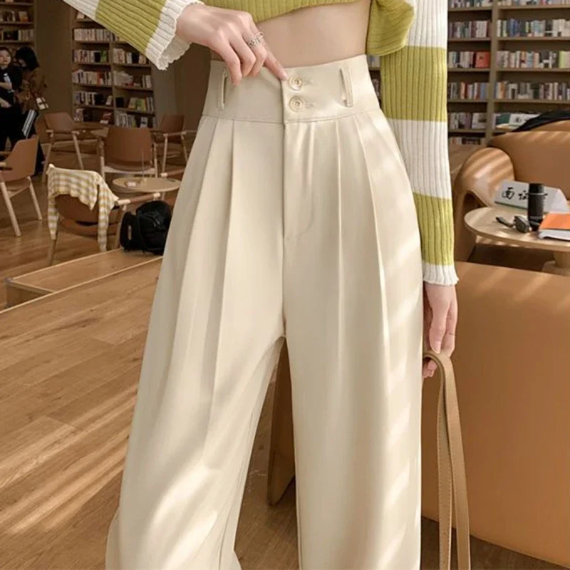 4 Couleurs viser Femmes S-3XL Harajuku Pur Basique Automne Conçu Taille Haute Bureau Dame All-match Large Jambe Loisirs fjSimple