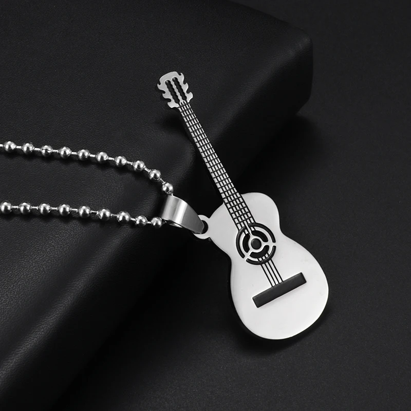 Exquisite Guitar Necklace Men\\\'s Stainless Steel Rock Electric Guitar Bass Pendant Necklace Hip Hop Music Style Personality Gift