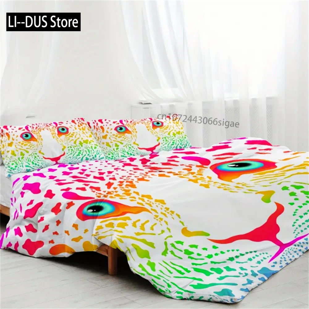 3 Pieces Colour Leopard Print Pattern Duvet Cover Polyester Twin Full King Szie Quilt Cover WIth 2 Pillowcase For Adults Home