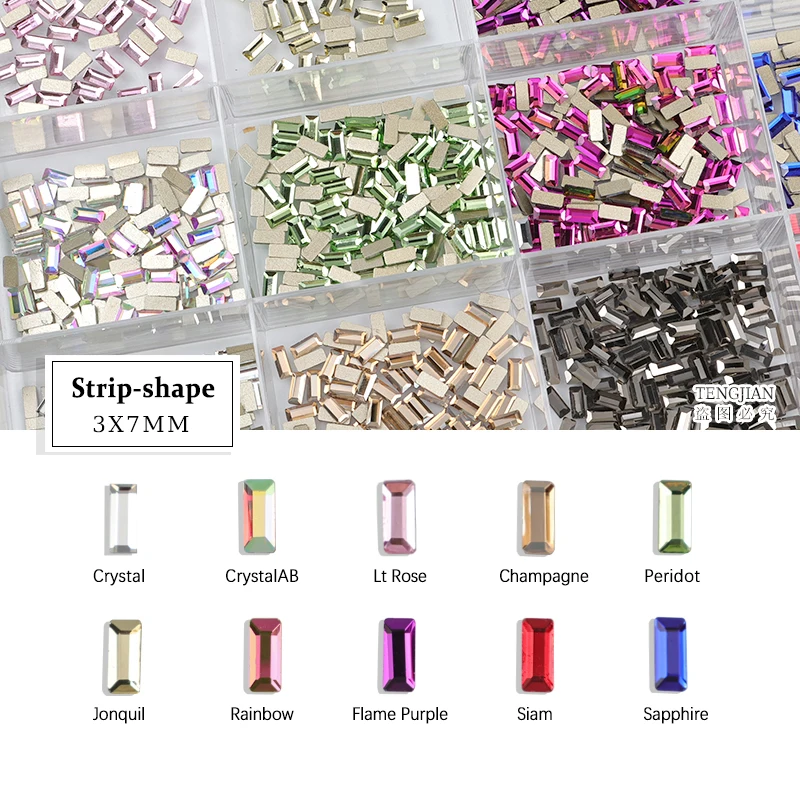 Strip 3X7MM Flatback Shiny Glass Crystal Nail Art Rhinestone Stone Diamond DIY Manicure Decoration Accessories 12Color