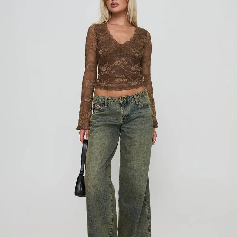 3926 Donna Primavera Autunno Moda Patchwork in pizzo Traslucenza T-shirt con scollo a V Donna Manica lunga Skinny Sexy Base Wear Top Tees