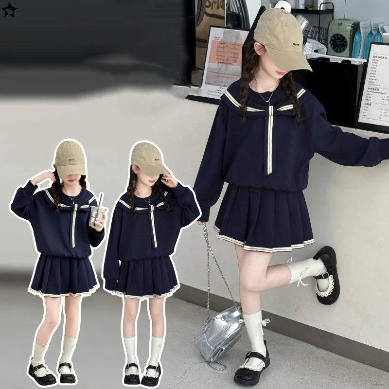 

Autumn Kids Girls Two-piece Sets Bowknot Round Neck Sweatshirt+Skirt Children Girls Outfit Striped Casual School Girls Suit