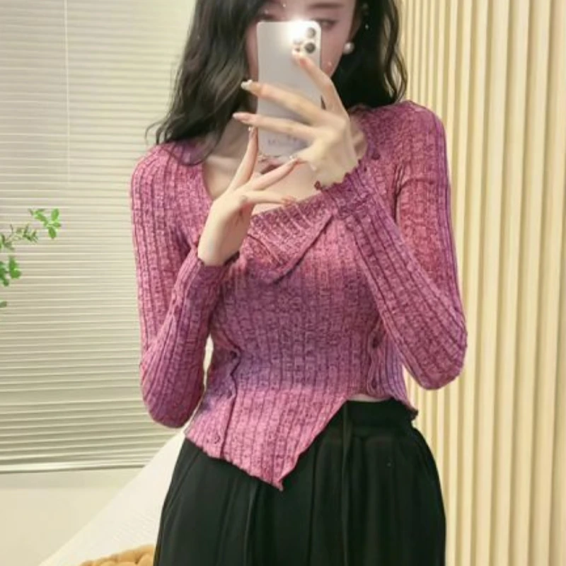 Irregular Crop Sexy Cardigans Women Slim Hotsweet Pure Chic Designed Soft Long-sleeve Sweaters Korean Fashion Ladies Personality