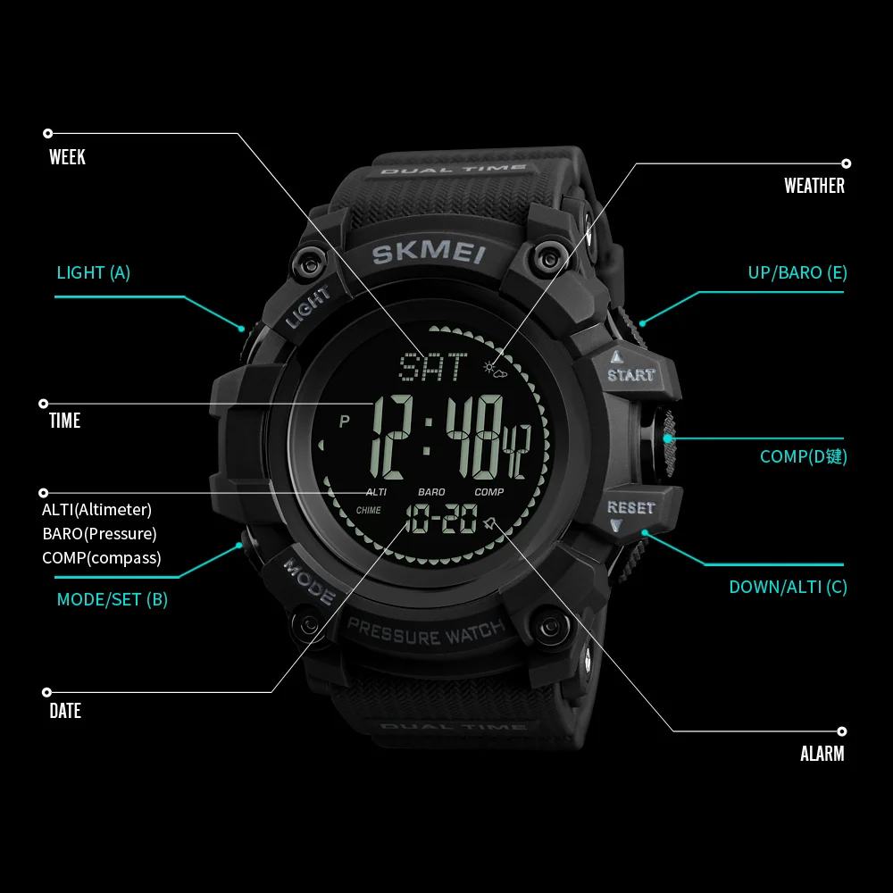 SKMEI 1358 altimetro Weather Tracker impermeabile reloj hombre orologi da esterno Mens Pressure Compass Sport orologi da polso digitali