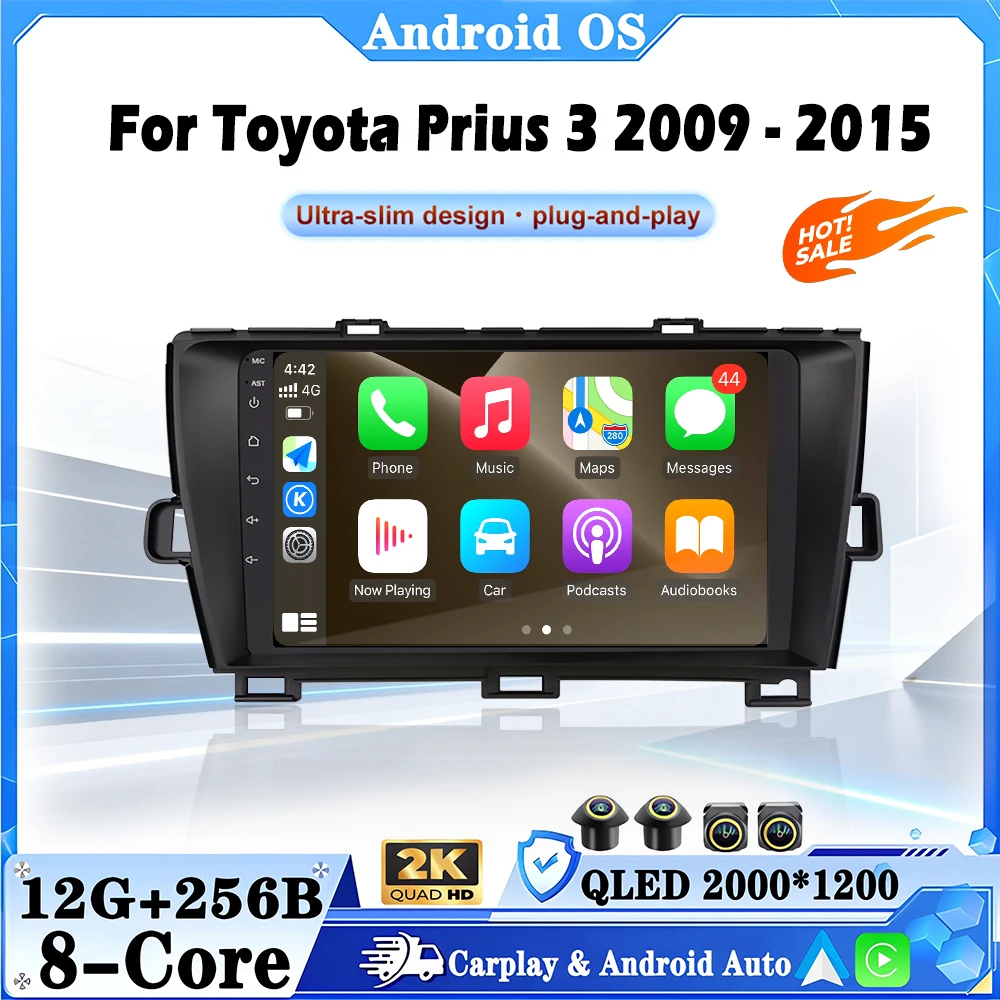 Android Auto For Toyota Prius 3 2009- 2015 QLED 2400*1200P Car Radio Multimedia Player GPS Navigation Carplay BT 4G DSP 9 Inch