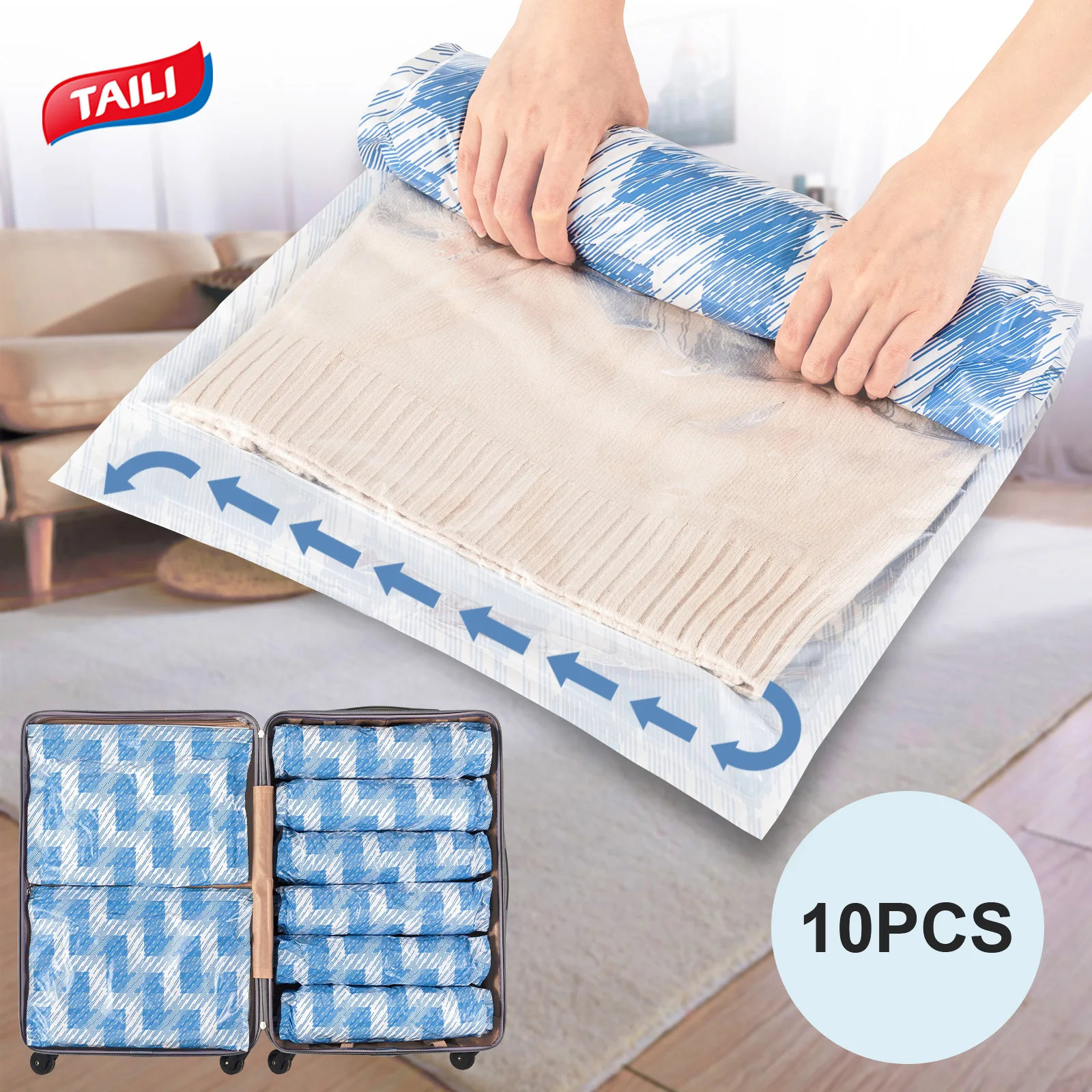 TAILI Travel 10 Stück Roll-Up Space Saver Camping-Taschen, wasserdichte Vakuum-Reisetaschen, Kompressions-Vakuumbeutel für Kleidung, Gepäck