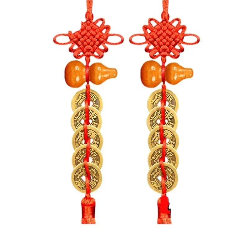 Moedas chinesas de feng shui com nó vermelho feito à mão, decoração de casa, decoração suspensa, ornamentos da sorte para carro, riqueza, sucesso